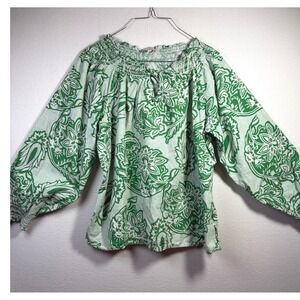 Milano Italy Blouse Womens 36 Green Excellent Smocked Paisley Peasant Top